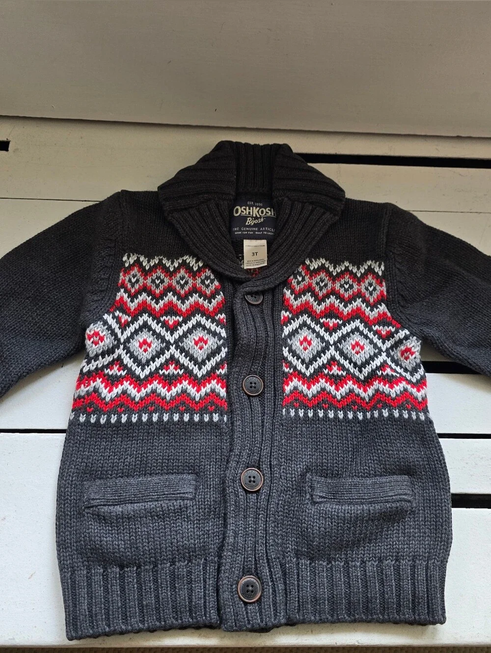 OshKosh B'gosh Gray Knit Cardigan with Red and White Fair Isle